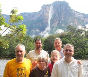 Larry and Kitch Eitzen (Freshwater), Karen Angel (Eureka), Alan Mason (Eureka), Steve Allen (Eureka), Steve Davidson (Bayside) with the Churún River and Angel Falls in the background. Photo Credit: Paul Stanley, 3 July 2012